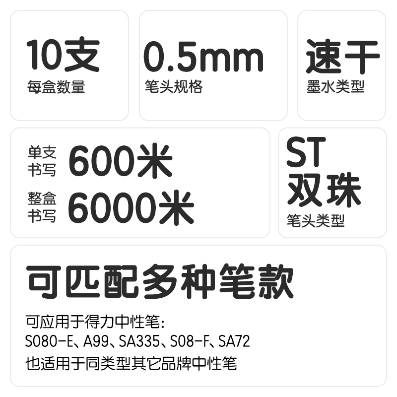 6008集团官方网站SE226刷题速干按动中性笔替芯0.5mm双球珠ST头(黑)(10支/袋)