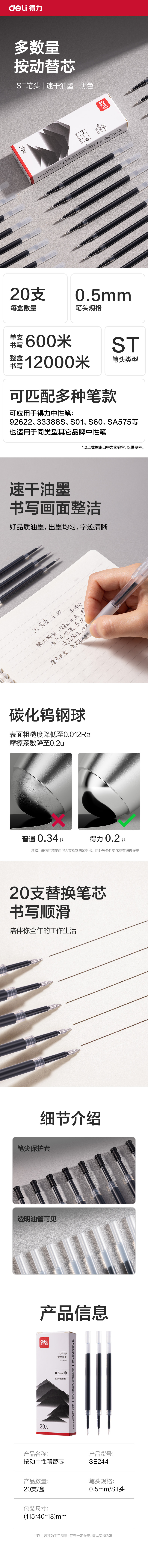6008集团官方网站SE244速干按动笔芯0.5mmST头(黑)(20支/盒)